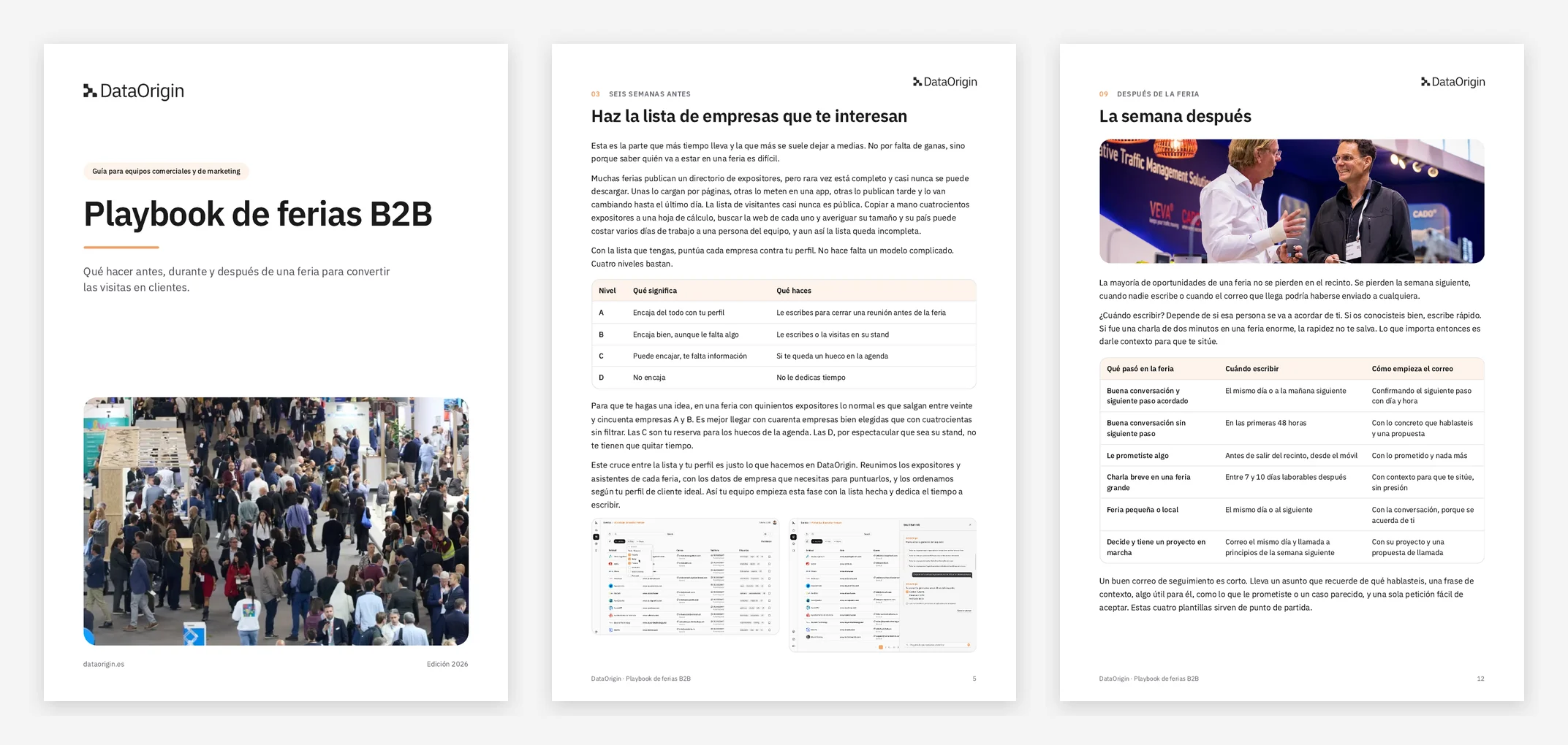 Portada y dos páginas interiores del playbook de ferias B2B